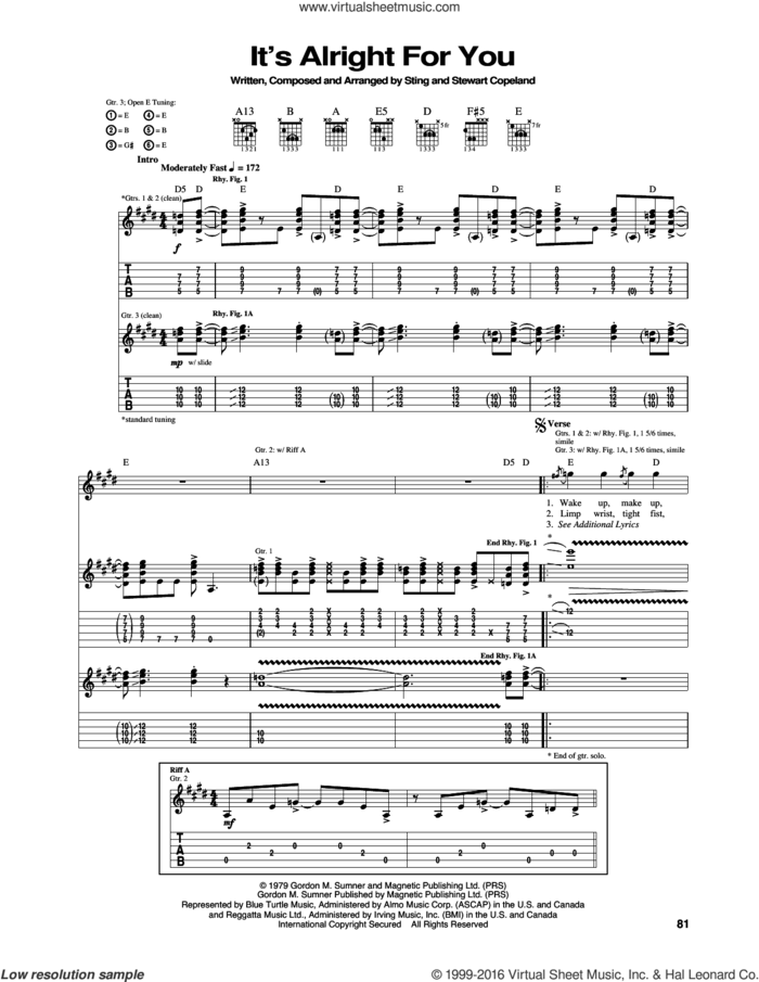It's Alright For You sheet music for guitar (tablature) by The Police, Stewart Copeland and Sting, intermediate skill level