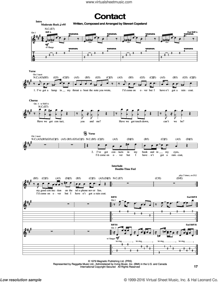 Contact sheet music for guitar (tablature) by The Police and Stewart Copeland, intermediate skill level