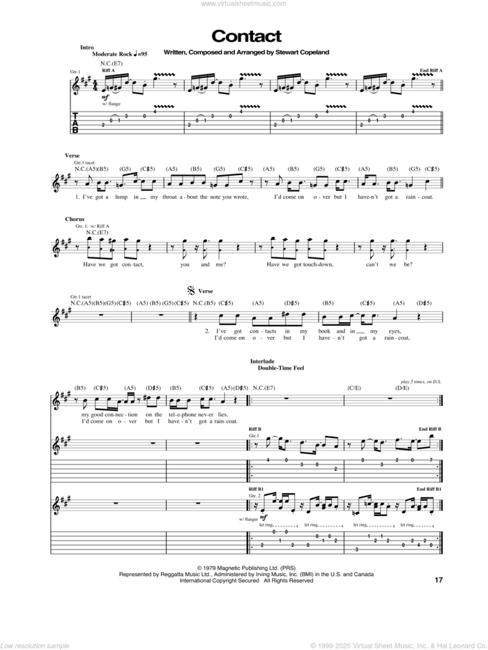 Contact sheet music for guitar (tablature) by The Police and Stewart Copeland, intermediate skill level