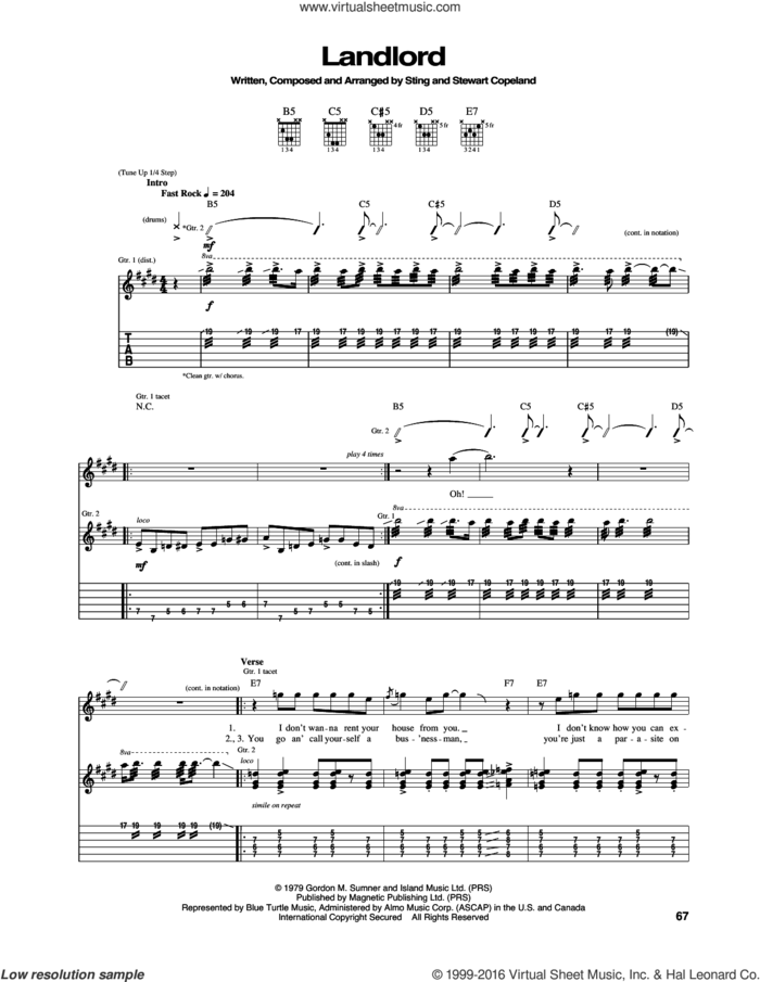 Landlord sheet music for guitar (tablature) by The Police, Stewart Copeland and Sting, intermediate skill level