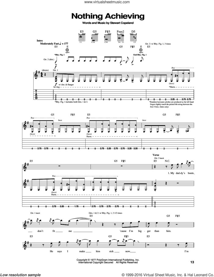Nothing Achieving sheet music for guitar (tablature) by The Police and Stewart Copeland, intermediate skill level