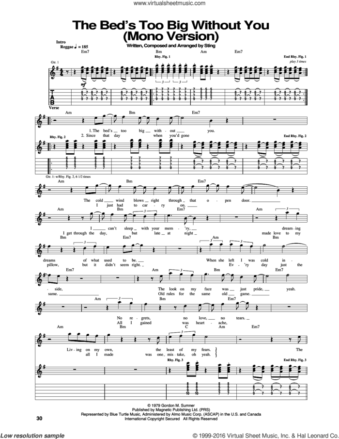 The Bed's Too Big Without You sheet music for guitar (tablature) by The Police and Sting, intermediate skill level