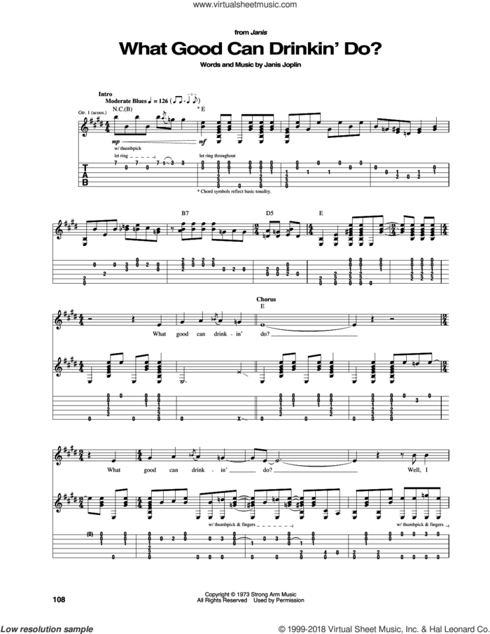 What Good Can Drinkin' Do? sheet music for guitar (tablature) by Janis Joplin, intermediate skill level