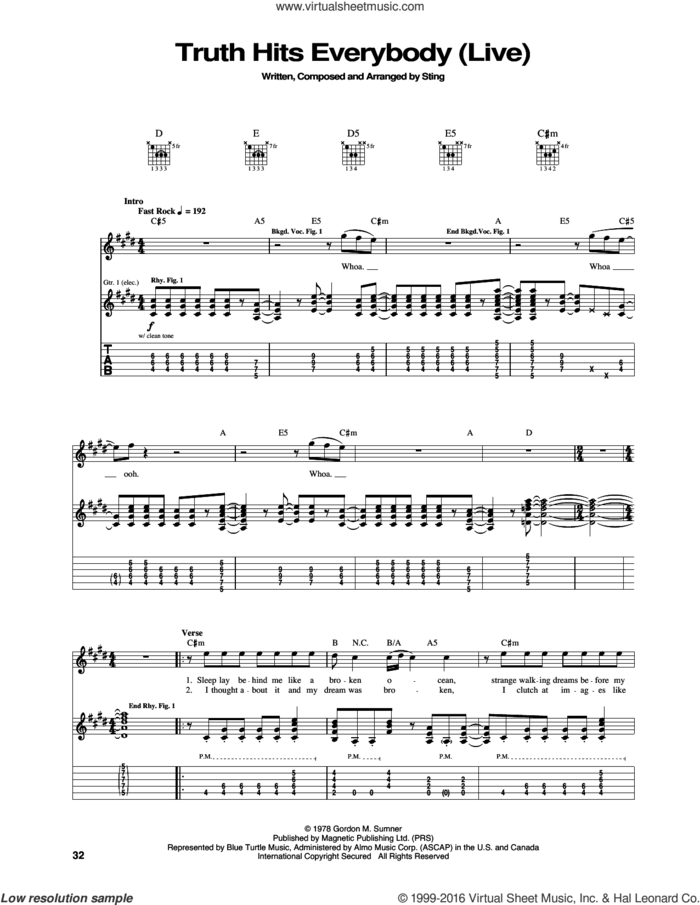 Truth Hits Everybody sheet music for guitar (tablature) by The Police and Sting, intermediate skill level