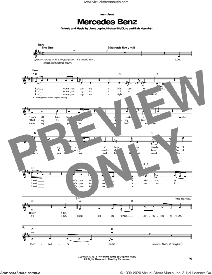 Mercedes Benz sheet music for guitar (tablature) by Janis Joplin, Bob Neuwirth and Michael McClure, intermediate skill level