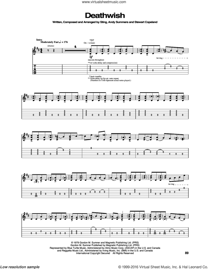 Deathwish sheet music for guitar (tablature) by The Police, Andy Summers, Stewart Copel and Sting, intermediate skill level