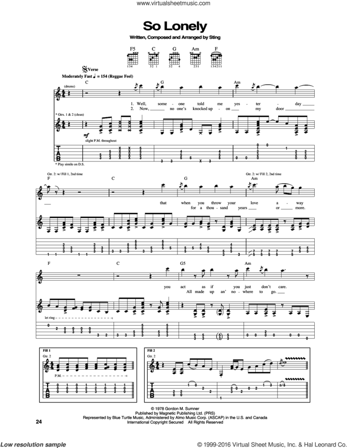 So Lonely sheet music for guitar (tablature) by The Police and Sting, intermediate skill level