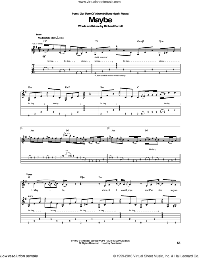 Maybe sheet music for guitar (tablature) by Janis Joplin and Richard Barrett, intermediate skill level