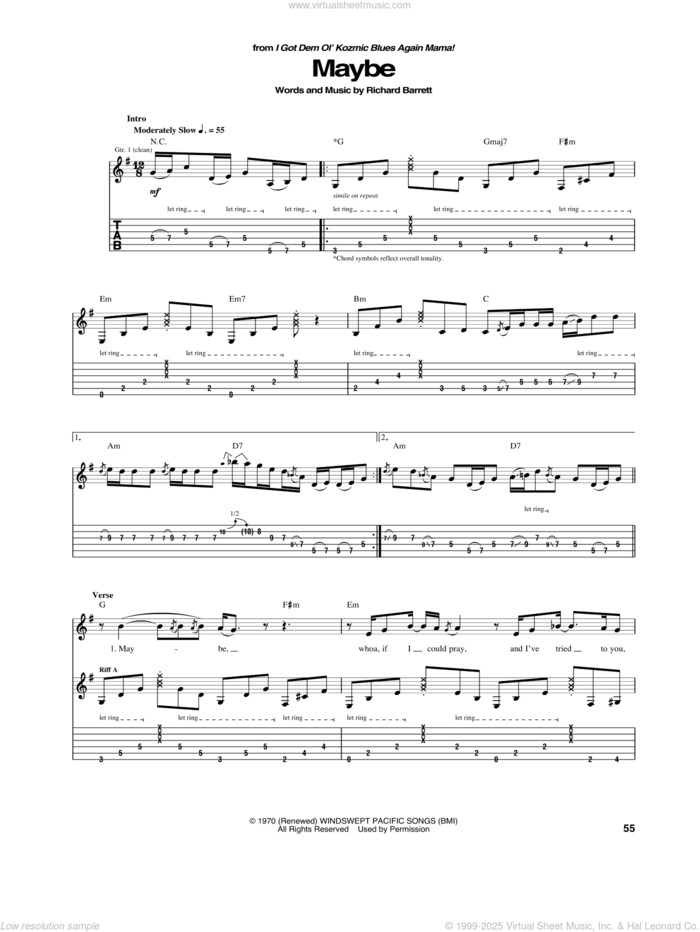 Maybe sheet music for guitar (tablature) by Janis Joplin and Richard Barrett, intermediate skill level