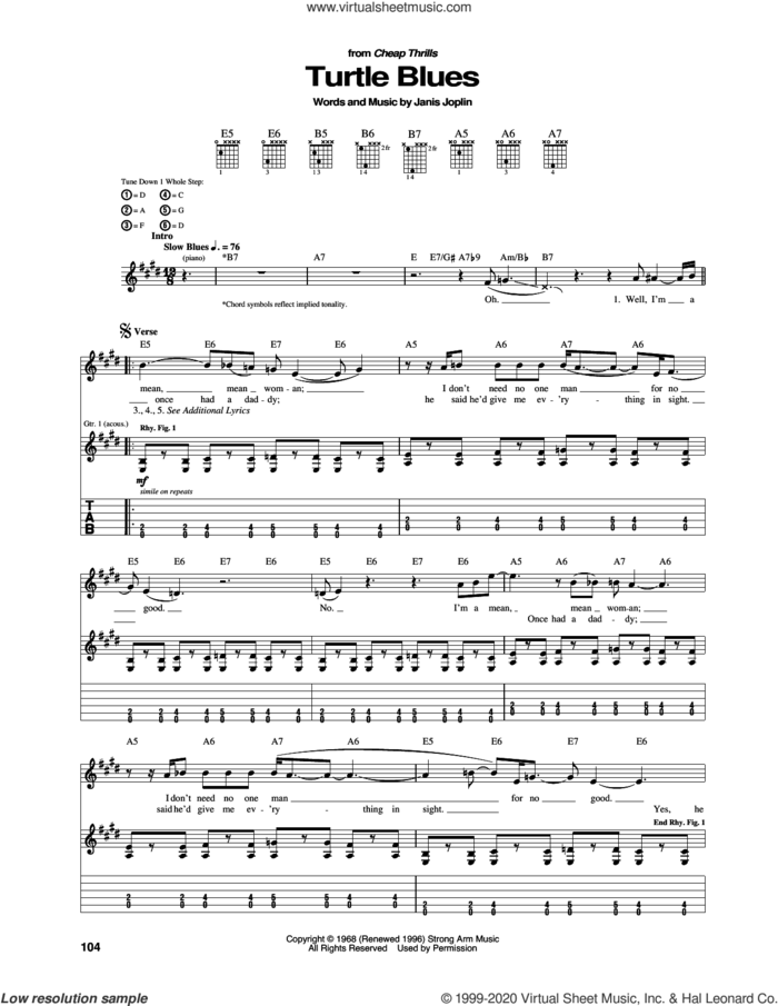 Turtle Blues sheet music for guitar (tablature) by Janis Joplin, intermediate skill level