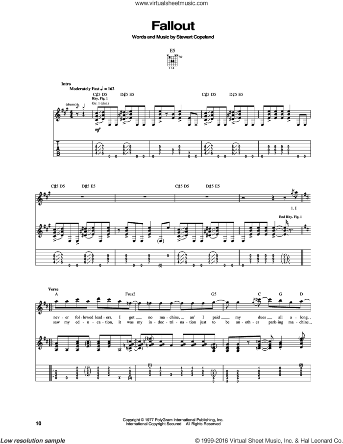 Fallout sheet music for guitar (tablature) by The Police and Stewart Copeland, intermediate skill level