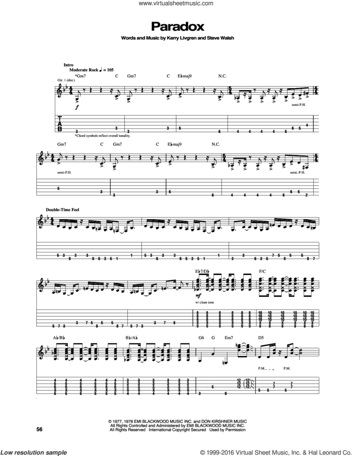 Paradox sheet music for guitar (tablature) by Kansas, Kerry Livgren and Steve Walsh, intermediate skill level