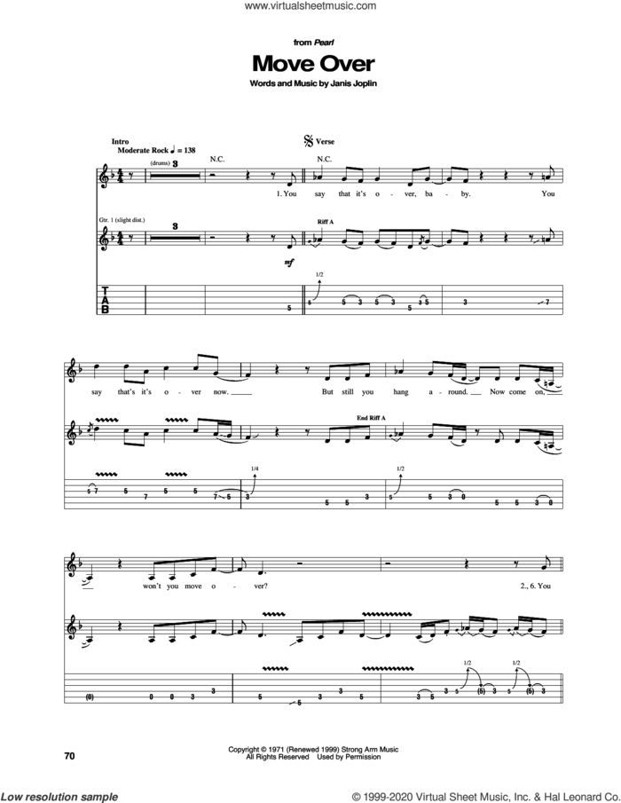 Move Over sheet music for guitar (tablature) by Janis Joplin, intermediate skill level