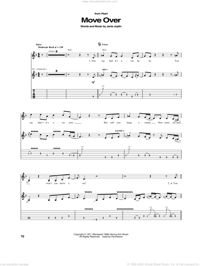 Move Over sheet music for guitar (tablature) by Janis Joplin, intermediate skill level