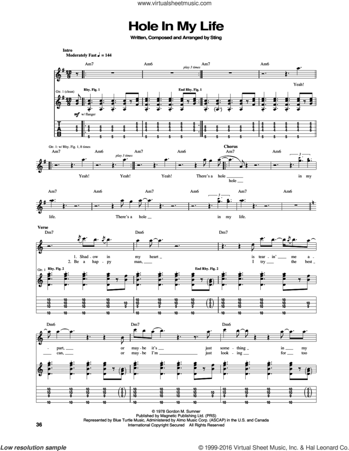 Hole In My Life sheet music for guitar (tablature) by The Police and Sting, intermediate skill level