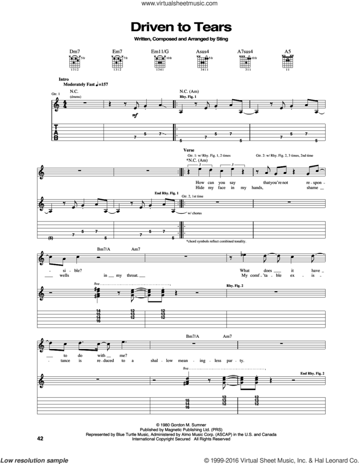 Driven To Tears sheet music for guitar (tablature) by The Police and Sting, intermediate skill level