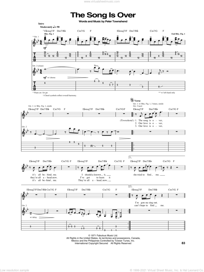 The Song Is Over sheet music for guitar (tablature) by The Who and Pete Townshend, intermediate skill level