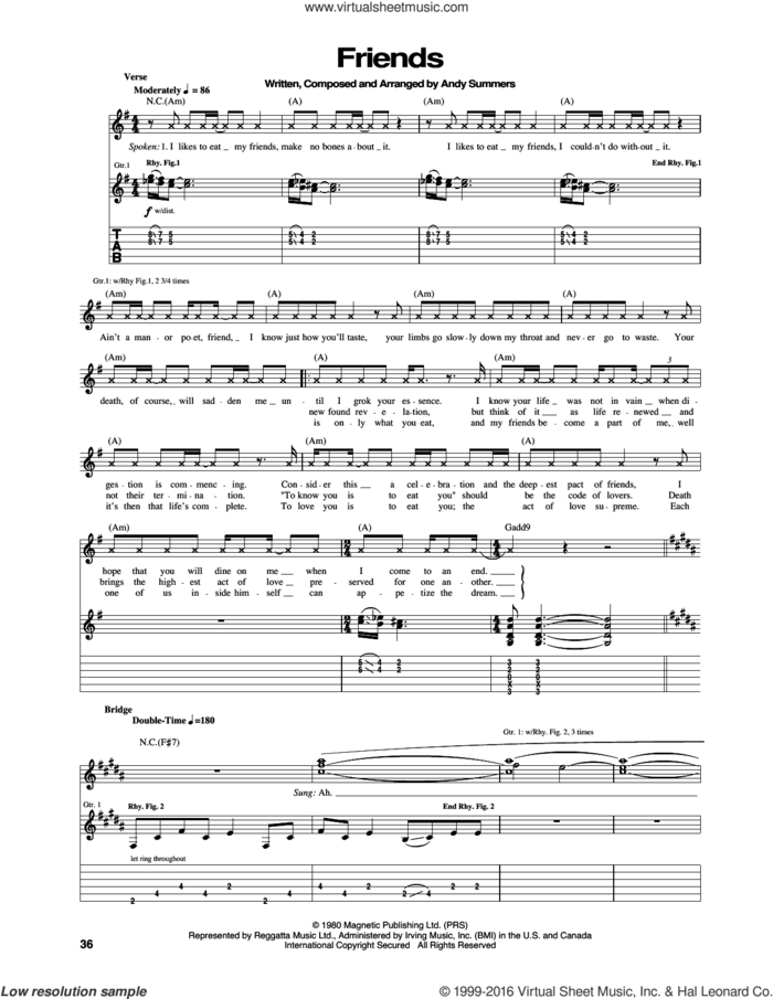 Friends sheet music for guitar (tablature) by The Police and Andy Summers, intermediate skill level