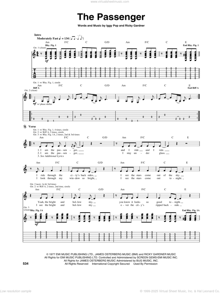 The Passenger sheet music for guitar (tablature) by Iggy Pop and Ricky Gardiner, intermediate skill level