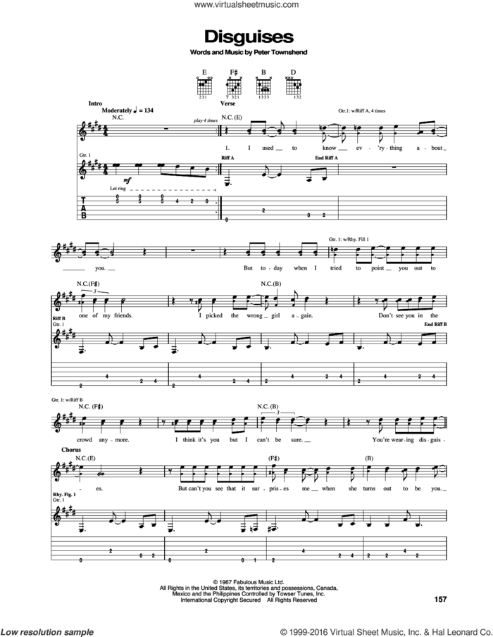 Disguises sheet music for guitar (tablature) by The Who and Pete Townshend, intermediate skill level