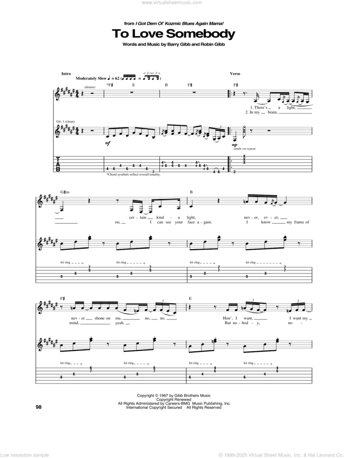 To Love Somebody sheet music for guitar (tablature) by Barry Gibb, Bee Gees, Michael Bolton and Robin Gibb, intermediate skill level