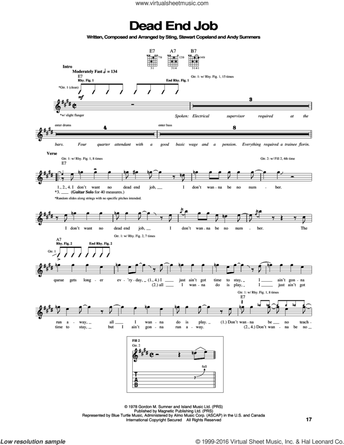 Dead End Job sheet music for guitar (tablature) by The Police, Andy Summers, Stewart Copeland and Sting, intermediate skill level