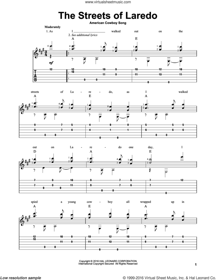 The Streets Of Laredo sheet music for guitar solo by Mark Phillips, intermediate skill level