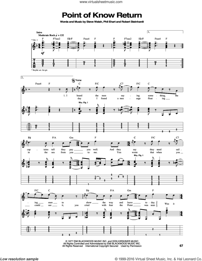 Point Of Know Return sheet music for guitar (tablature) by Kansas, Phil Ehart, Robert Steinhardt and Steve Walsh, intermediate skill level