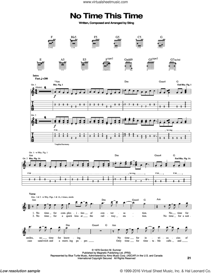 No Time This Time sheet music for guitar (tablature) by The Police and Sting, intermediate skill level