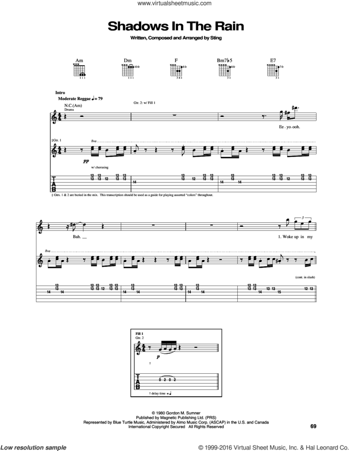 Shadows In The Rain sheet music for guitar (tablature) by The Police and Sting, intermediate skill level