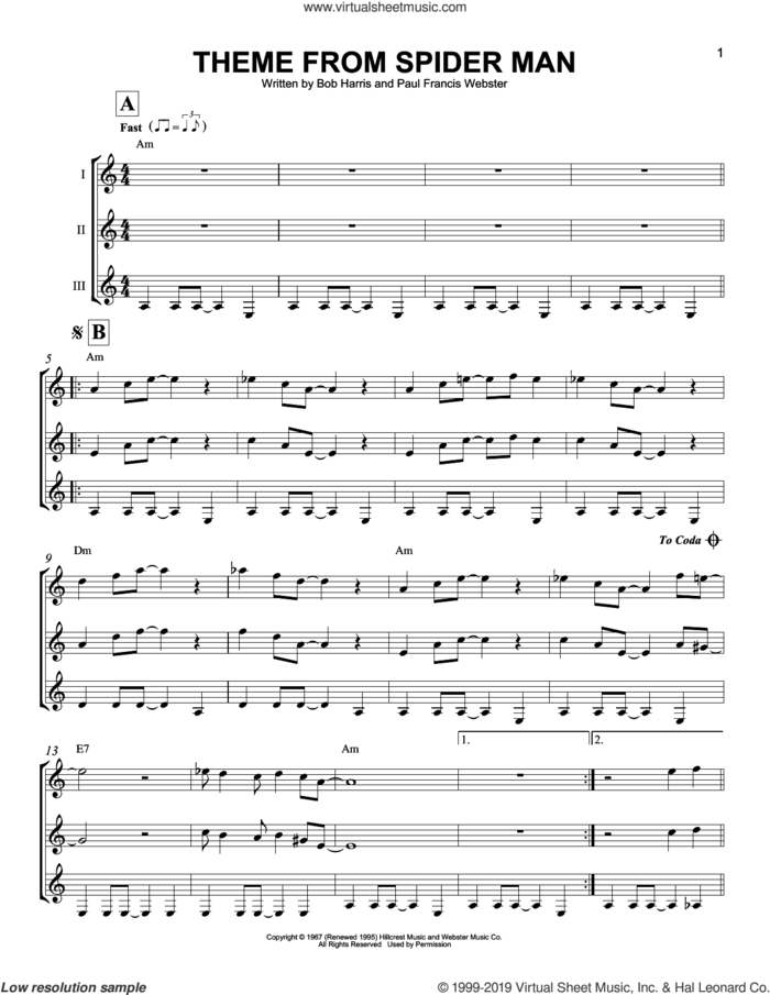 Theme From Spider-Man sheet music for guitar ensemble by Paul Francis Webster, Bob Harris and Bob Harris & Paul Francis Webster, intermediate skill level