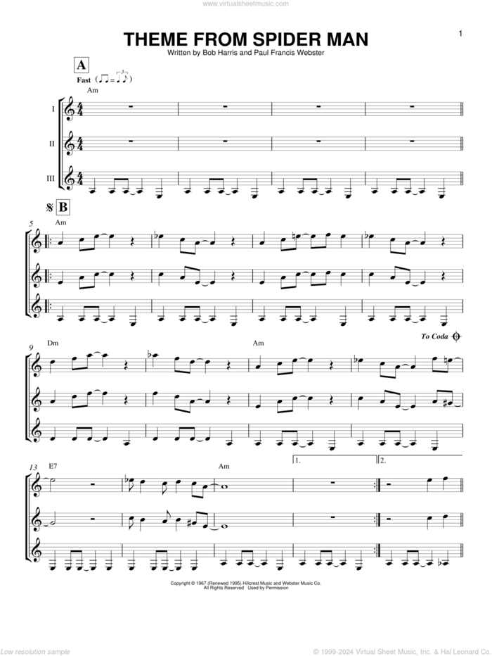 Theme From Spider-Man sheet music for guitar ensemble by Paul Francis Webster, Bob Harris and Bob Harris & Paul Francis Webster, intermediate skill level