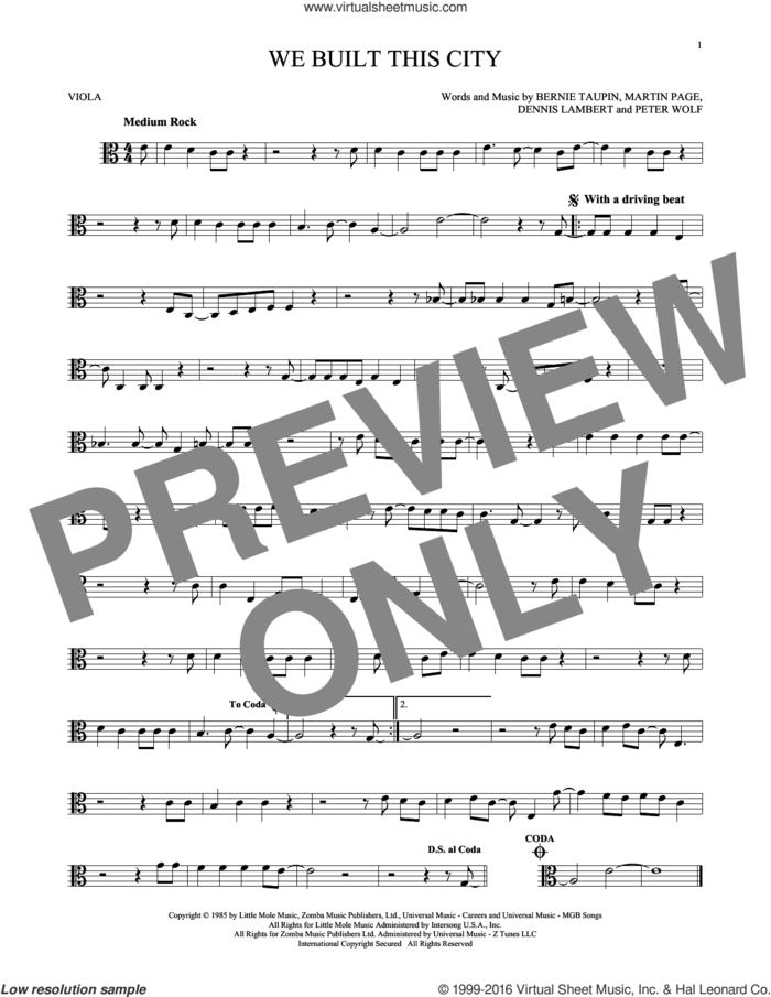 We Built This City sheet music for viola solo by Starship, Bernie Taupin, Dennis Lambert, Martin George Page and Peter Wolf, intermediate skill level