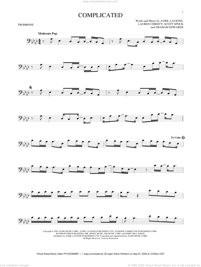 Complicated sheet music for trombone solo by Avril Lavigne, Graham Edwards, Lauren Christy and Scott Spock, intermediate skill level