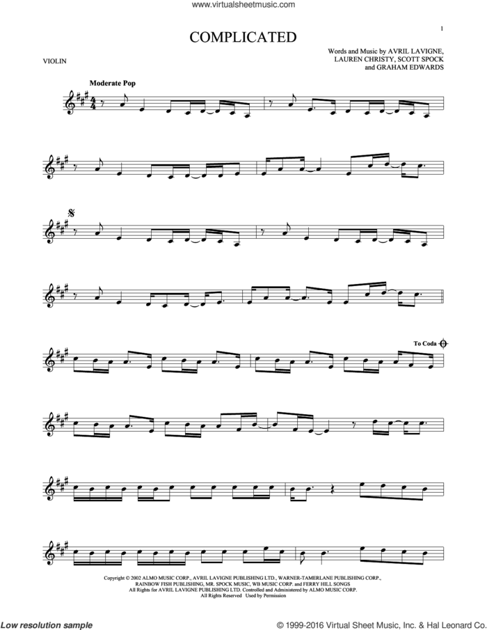 Complicated sheet music for violin solo by Avril Lavigne, Graham Edwards, Lauren Christy and Scott Spock, intermediate skill level