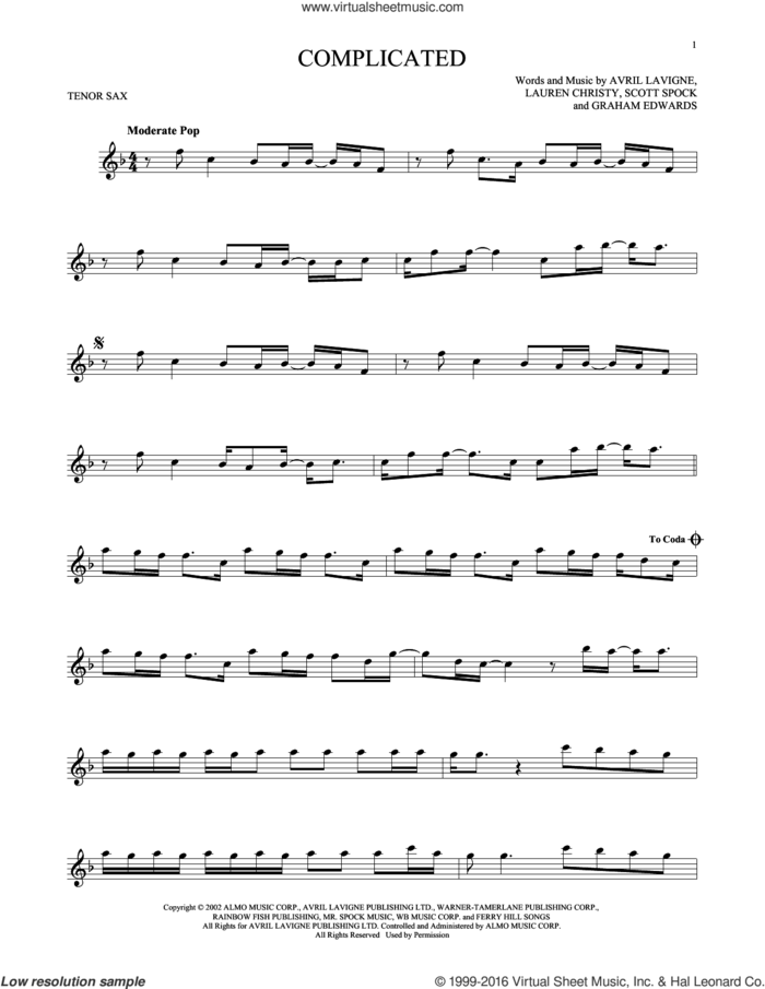 Complicated sheet music for tenor saxophone solo by Avril Lavigne, Graham Edwards, Lauren Christy and Scott Spock, intermediate skill level