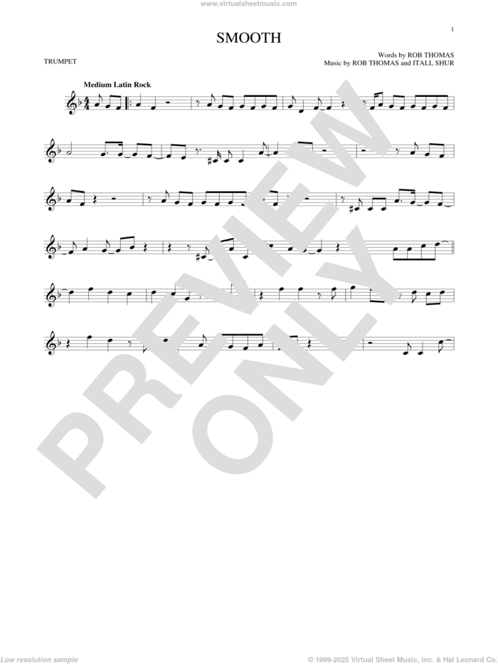 Smooth sheet music for trumpet solo by Santana featuring Rob Thomas, Itaal Shur and Rob Thomas, intermediate skill level