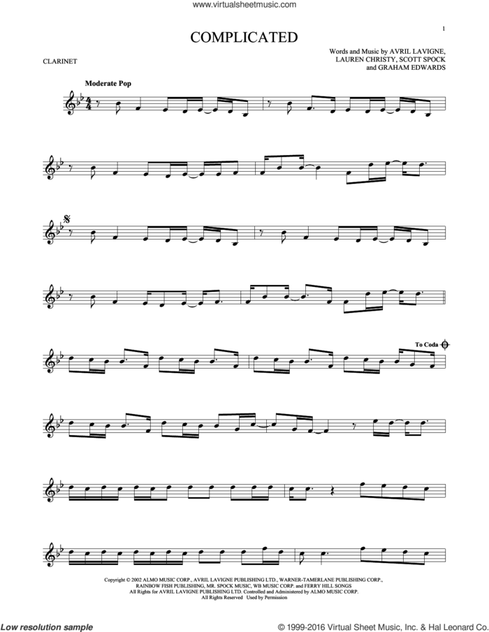 Complicated sheet music for clarinet solo by Avril Lavigne, Graham Edwards, Lauren Christy and Scott Spock, intermediate skill level