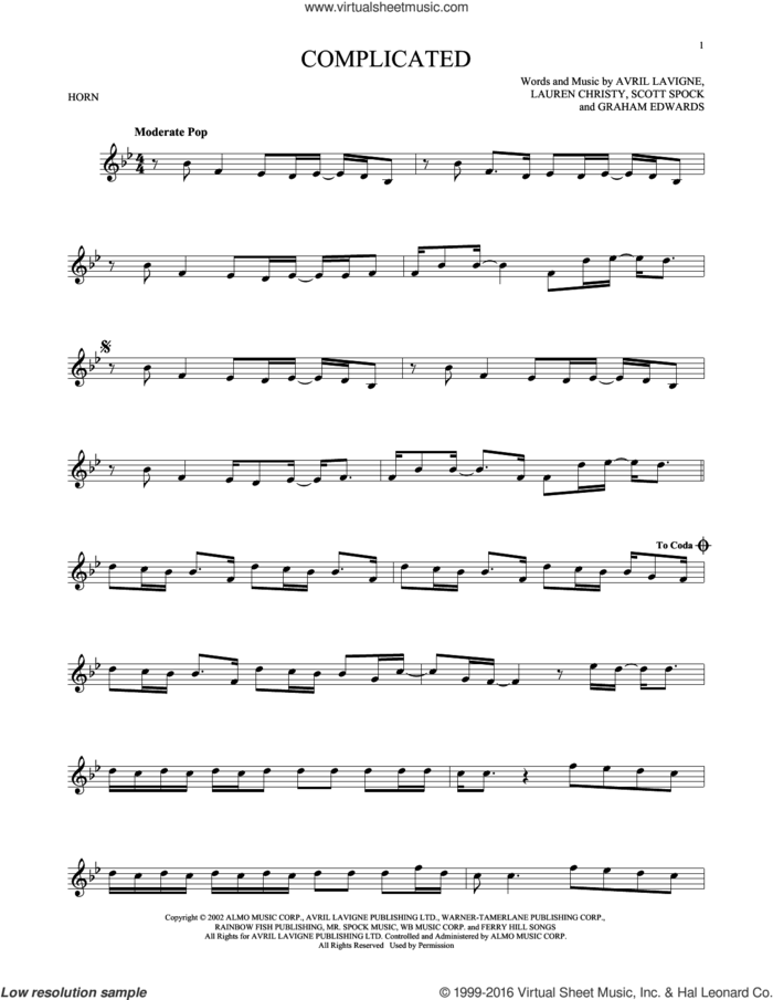 Complicated sheet music for horn solo by Avril Lavigne, Graham Edwards, Lauren Christy and Scott Spock, intermediate skill level