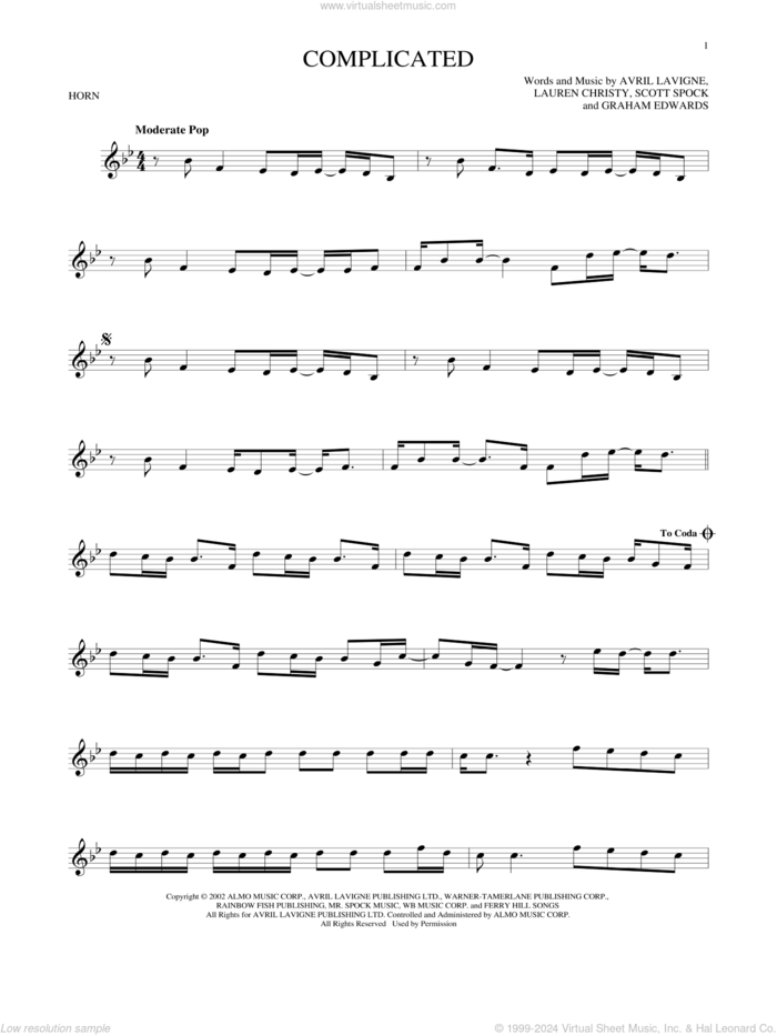 Complicated sheet music for horn solo by Avril Lavigne, Graham Edwards, Lauren Christy and Scott Spock, intermediate skill level