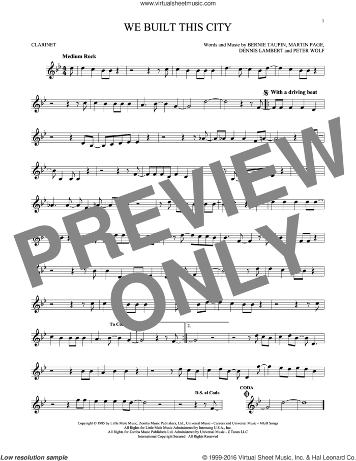 We Built This City sheet music for clarinet solo by Starship, Bernie Taupin, Dennis Lambert, Martin George Page and Peter Wolf, intermediate skill level