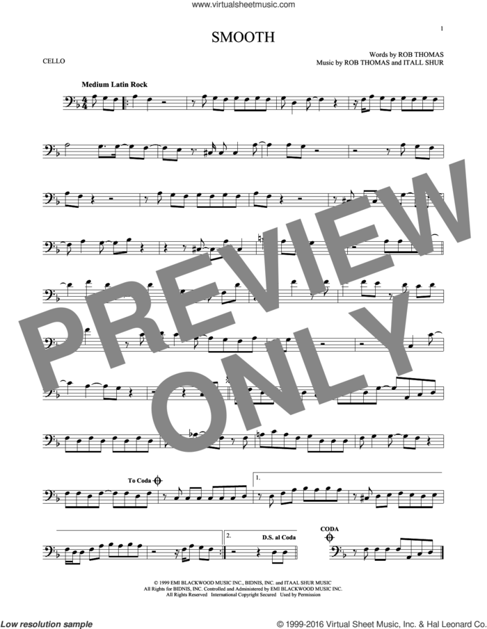 Smooth sheet music for cello solo by Santana featuring Rob Thomas, Itaal Shur and Rob Thomas, intermediate skill level