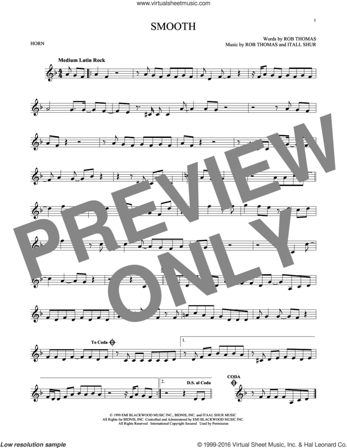 Smooth sheet music for horn solo by Santana featuring Rob Thomas, Itaal Shur and Rob Thomas, intermediate skill level