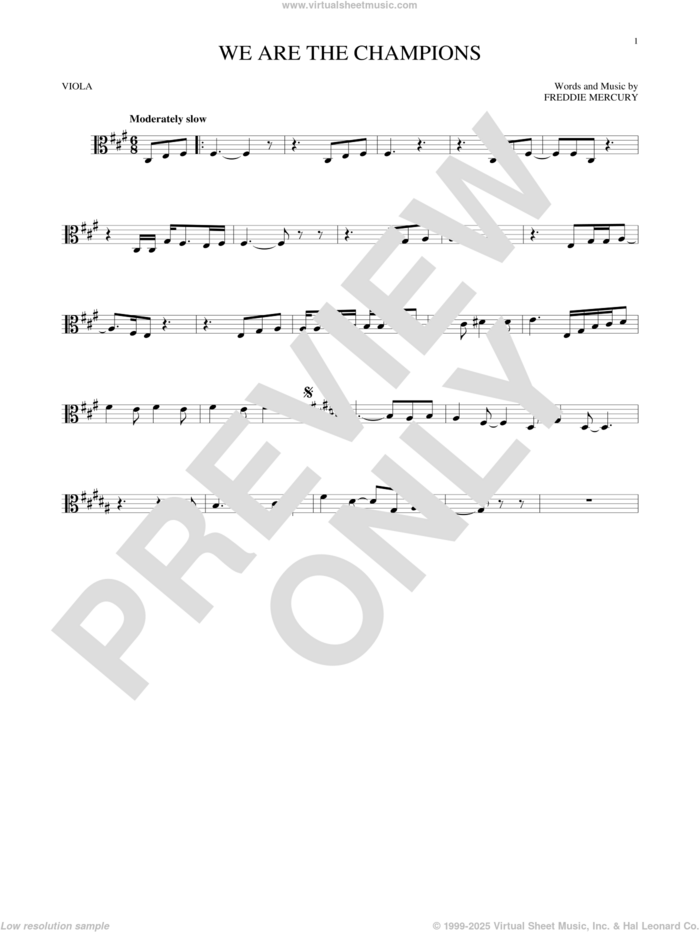 We Are The Champions sheet music for viola solo by Queen and Freddie Mercury, intermediate skill level