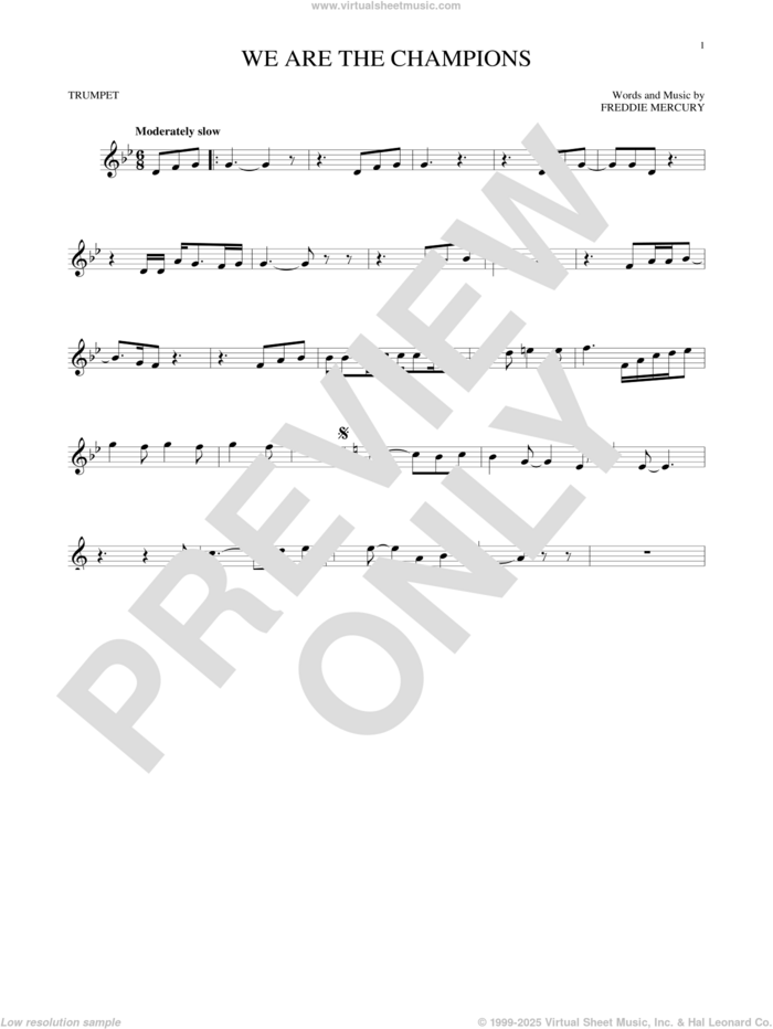 We Are The Champions sheet music for trumpet solo by Queen and Freddie Mercury, intermediate skill level