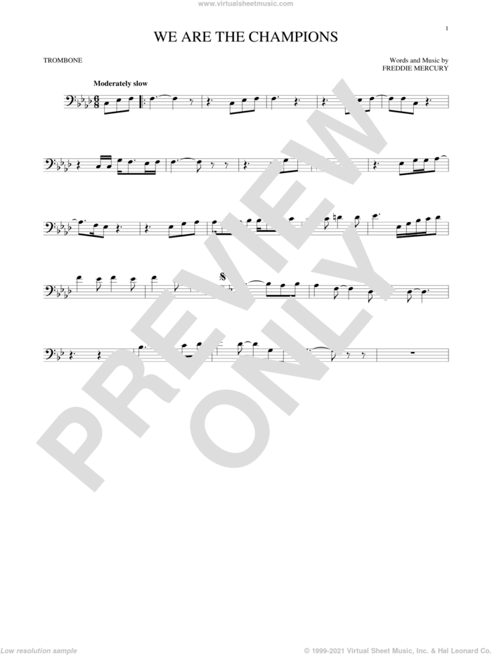 We Are The Champions sheet music for trombone solo by Queen and Freddie Mercury, intermediate skill level