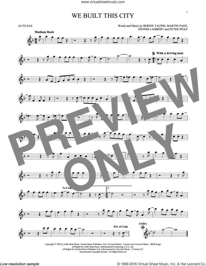 We Built This City sheet music for alto saxophone solo by Starship, Bernie Taupin, Dennis Lambert, Martin George Page and Peter Wolf, intermediate skill level