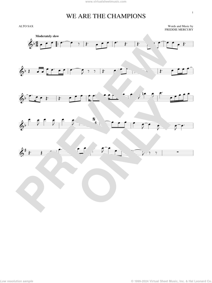 We Are The Champions sheet music for alto saxophone solo by Queen and Freddie Mercury, intermediate skill level