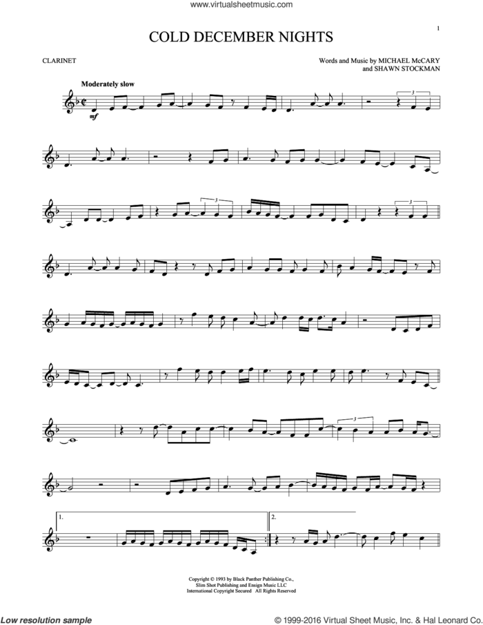 Cold December Nights sheet music for clarinet solo by Boyz II Men, Michael Buble, Michael McCary and Shawn Stockman, intermediate skill level