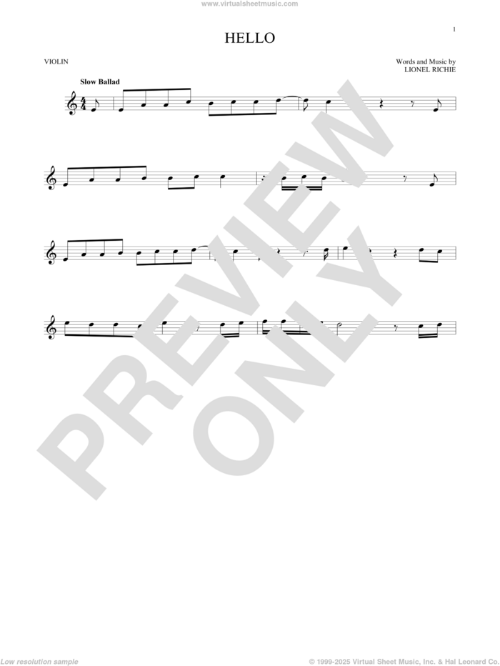 Hello sheet music for violin solo by Lionel Richie and David Cook, intermediate skill level